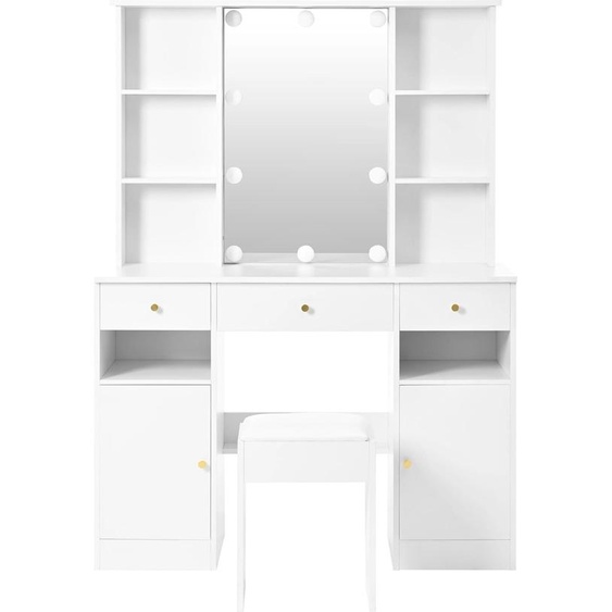Grand miroir de maquillage - Table de coiffure pour chambre - Miroir avec éclairage LED - Tabouret - 3 tiroirs, 2 portes - 110 x 40 x 151 cm - Blanc