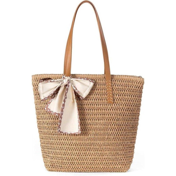 Grand sac de plage en coton lamé avec fermeture à glissière - Bagage dété léger pour les voyages et le travail - Marron