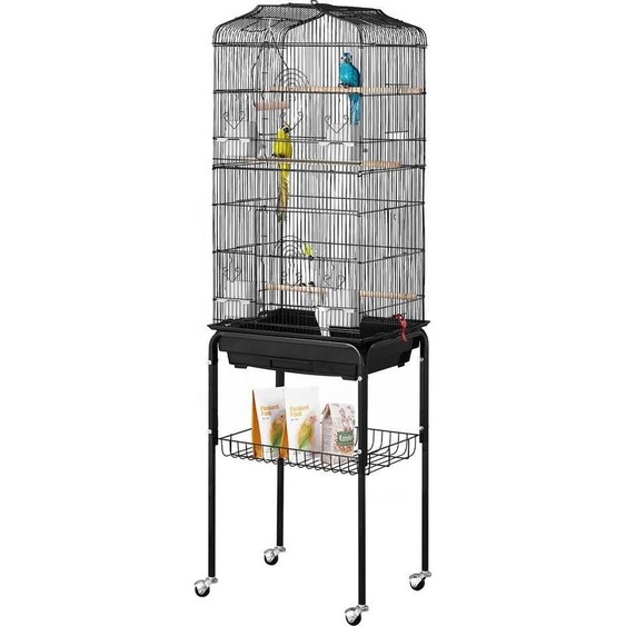 Grande cage à oiseaux, 62 pouces, ouverte en haut avec support à roulettes, spacieuse pour perroquets et perruches