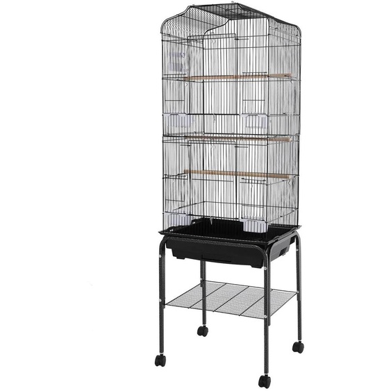 Grande cage à oiseaux - Cage rectangulaire pour perroquets - 4 roulettes avec freins - Étagère inférieure - Espacement des barreaux : 1,3 cm - Dimensions : 47 x 37 x 137,5 cm - Noir