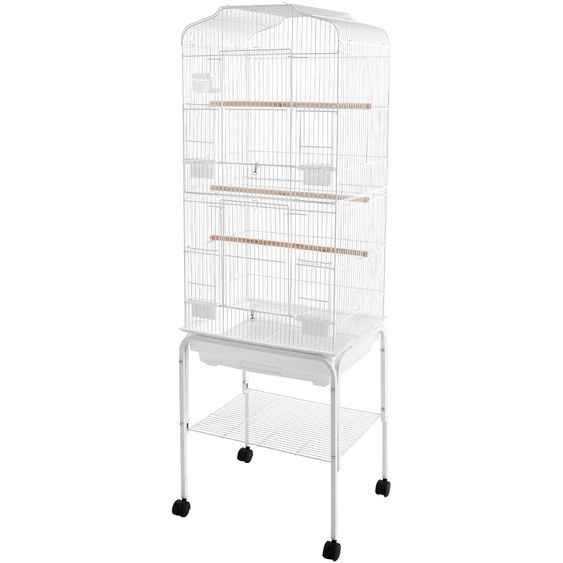 Grande cage à oiseaux sur roulettes - Cage pour perroquets en métal - Bac à déjections amovible - Gamelles - 47 x 37 x 137,5 cm - Blanche