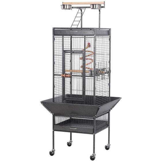 Yaheetech - Grande Cage Perroquet Volière Oiseaux Métal Roulettes Mobile Zone Jeu Cacatoès Perruche Canaris Perroquet Noir