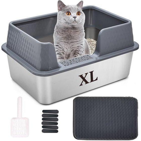 Grande cage pour chat en acier inoxydable avec couvercle, XL, grise, haute, facile à nettoyer