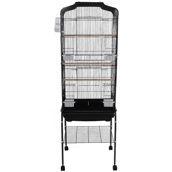 Grande cage pour oiseaux en métal - Cage pour perroquets sur roulettes - 47 x 37 x 137,5 cm - Bac à déjections amovible - Gamelles - Noir