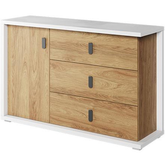 MASSI - Grande commode 3 tiroirs et 1 porte largeur 135 cm blanc et chêne hickory - Panneaux Stratifiés