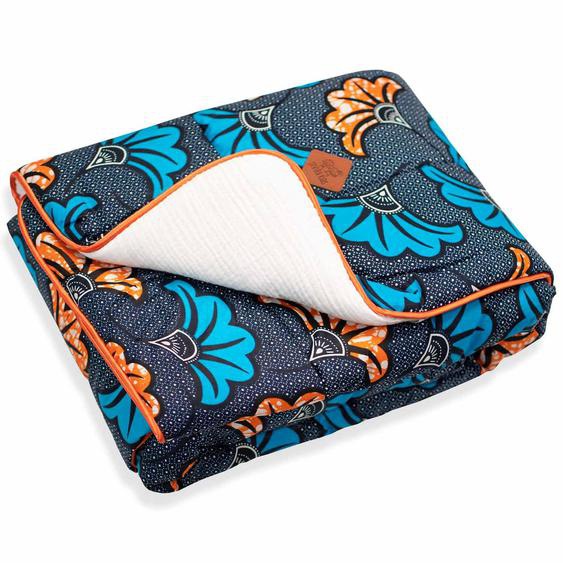 Grande Couverture Plaid En Coton Wax Fleurs De Mariage Bleu