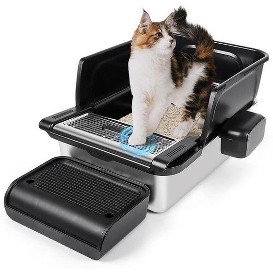 Grande litière pour chat en acier inoxydable, antiadhésive et inodore, avec pédale filtrante, fonction de ramassage et sacs à déchets, de couleur noire.