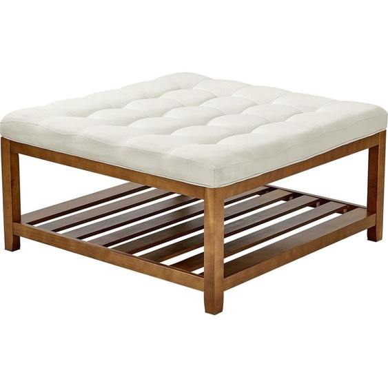 Grande table basse carrée VEVOE, table basse capitonnée de 87,5 cm avec étagère de rangement en bois massif, repose-pieds rembourré en lin massif pour chambre à coucher ou salon, 400 lb, blanc cassé