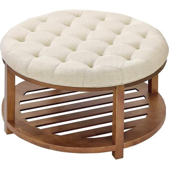 Grande table basse ronde ottomane, table basse capitonnée de 81 cm avec étagère de rangement en bois massif, repose-pieds ottoman rembourré en lin massif pour chambre à coucher ou salon, 350 lb, couleur lin