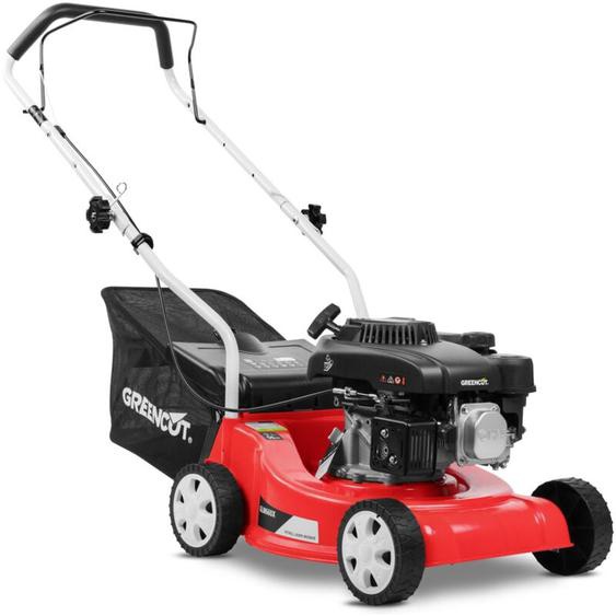 Tondeuse à gazon à essence 132cc 5cv 4 temps moteur ohv traction manuelle 390mm lame acier double tranchant 16 hauteur de coupe réglable et panier