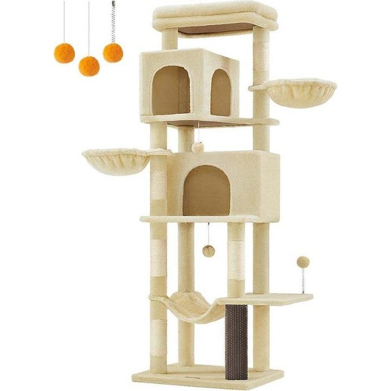 Griffoir Rootz XL - Grand arbre à chat - Tour descalade pour chat - Aggloméré - 175 cm x 57 cm x 45 cm - Tissu peluche beige sable - Poteaux recouverts de sisal