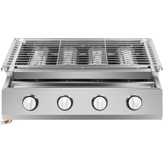 Gril à gaz avec plaque de cuisson - 4 brûleurs - Grill de table - Brûleurs en céramique infrarouge - Grille réglable en hauteur de 0 à 7 cm - Fonctionne au GPL - Acier inoxydable - Argenté