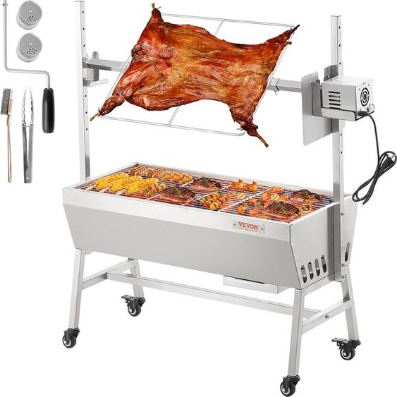 Gril dagneau VEVOR, gril de cochon de lait, gril de rôti à la broche, 61 kg BBQ-charbon de bois pour cochon entier, agneau, chèvre, moteur électrique 42 W, grille de broche rotative en acier inoxydable avec roues blocables