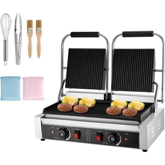 Gril de contact commercial 3600W - Appareil à sandwich électrique avec plaques de cuisson doubles - Presse à panini en acier inoxydable - Réglage de la température, plaque émaillée rainurée 48 x 23 cm - Idéal pour hamburgers, steak et bacon