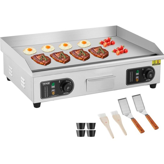Gril électrique commercial VEVOR, 4000 W, plaque de cuisson plate pour le plan de travail, température réglable de 122 °F à 572 °F, 25,98 x 15,75 x 0,39 pouces, plaque de cuisson en acier inoxydable avec 2 pelles et 2 brosses pour la maison ou le