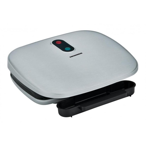 Gril électrique Heinner AriaGrill HEG-F1000SL, 1000W ; plaques fixes moulées 27 X 23 cm, revêtement antiadhésif, poignée froide, témoin lumineux, bac de récupération dhuile, Argent