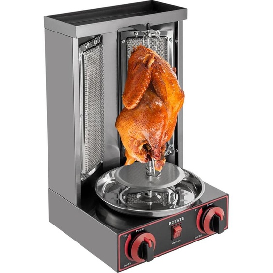 Grill à kebab/shawarma - Rôtissoire verticale - Fonctionne au gaz - 2 brûleurs - Chauffage infrarouge - Rotation à 360° - Capacité de 8 kg - Noir