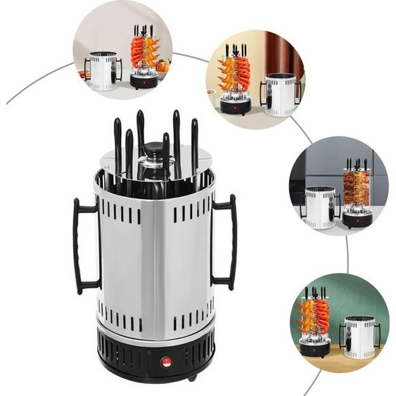 Grill électrique vertical - Grill à broches rotatives pour shawarma/kebab avec 6 broches - 1 000 W - Rotation automatique - 400–500 °C - 20 × 37,5 cm - Acier inoxydable 304/201 - 220 V, prise européenne