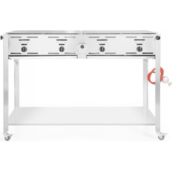 Grill-Master Quattro - cadre en acier chromé et égouttoir.  Convient pour le gaz propane et est équipé de quatre brûleurs individuels réglables. Incl. 2 grilles nickelées et une plaque de cuisson émaillée (590x480 mm). Avec thermocouple, thermostat