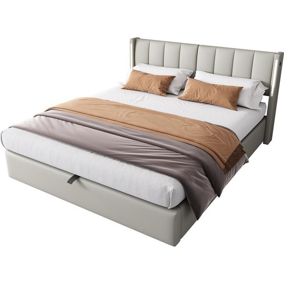GrisLit tapissier 140x200cm Lit boxspring hydraulique Tête de lit réglableavec connexion USB rechargeable Eclairage LED Sommier à lattes et espace de rangement Lit double Lit en bois Lit pour adolescent Similicuir