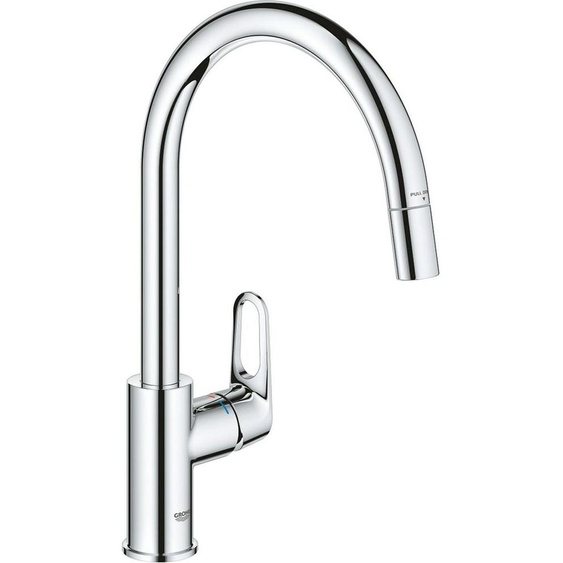 Mitigeur monocommandé pour évier BauFlow 30549 bec haut azb. douchette laminaire chromé