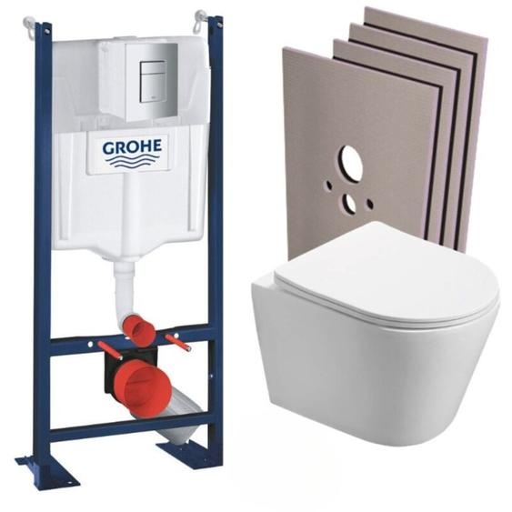 Grohe - Pack wc Bâti autoportant + wc sans bride sat Infinitio + Abattant softclose + Plaque Chrome mat + Set habillage