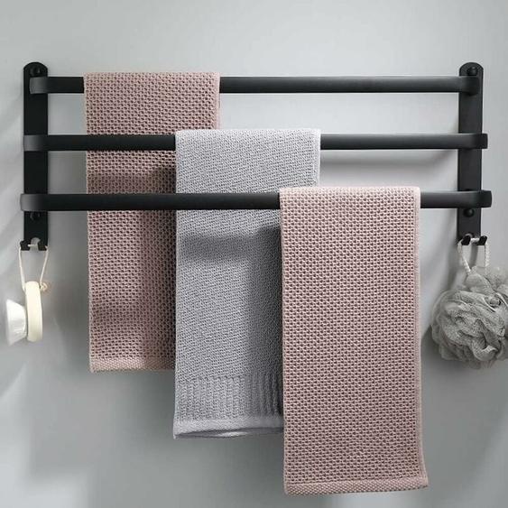 Groofoo - Porte-Serviettes Mural en Aluminium - 3 Étages - Avec Crochets - 60 cm - Étanche - Noir - Pour Salle de Bain, Cuisine, Salle de Bain