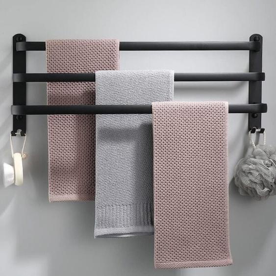 Groofoo - Porte-Serviettes Mural en Aluminium - 3 Étages - Avec Crochets - 80 cm - Étanche - Noir - Pour Salle de Bain, Cuisine, Salle de Bain