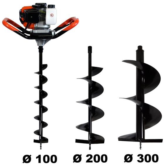Tarière thermique Gt Garden 52 cm3, 3 cv - Lot de 3 mèches (100, 200 et 300 mm)