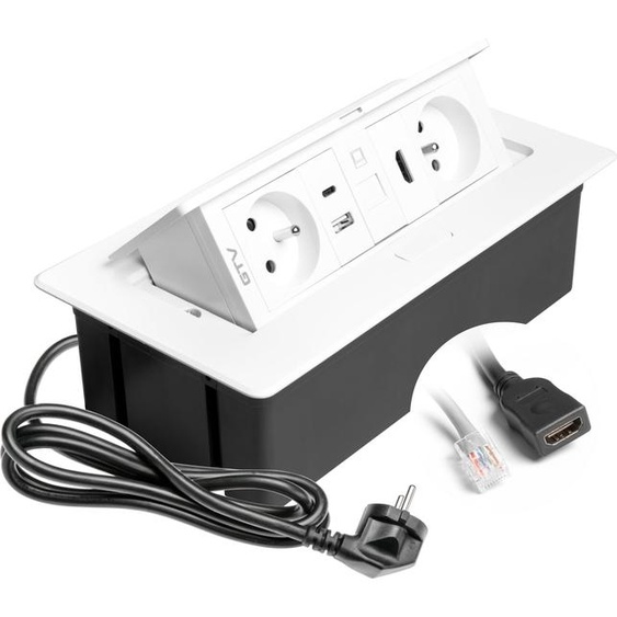 GTV - Prise encastrable MULTISOFT blanche avec 2 prises avec mise à la terre, USB A+C, RJ45, HDMI 2.0, escamotable avec cache, câble de 1,5 m, idéale pour la cuisine, le bureau ou la table de conférence
