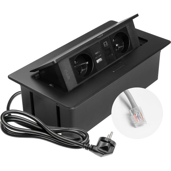 GTV - Prise encastrable MULTISOFT noire avec 2 prises avec mise à la terre, USB A+C, RJ45, escamotable avec cache, câble de 1,5 m, pour cuisine, bureau, table de conférence et bureau