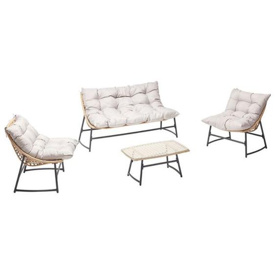 GUAHANA - Salon de jardin avec canapé fauteuils et table basse rectangulaire beige en résine et verre trempé