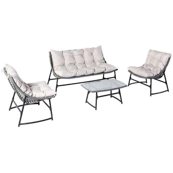 GUAHANA - Salon de jardin avec canapé fauteuils et table basse rectangulaire gris en résine