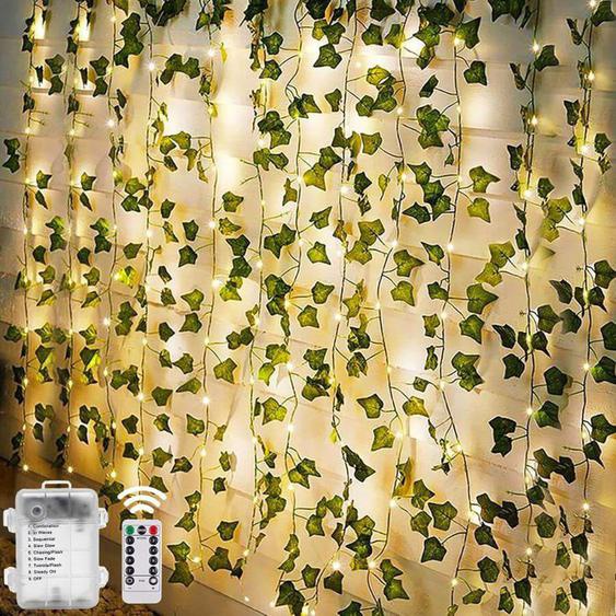 Guirlande Lumineuse 10M 100 LED Lierre Artificiel Guirlande Alimenté par Pile avec Télécommande,8 Modes Étanche Lumiere Noël