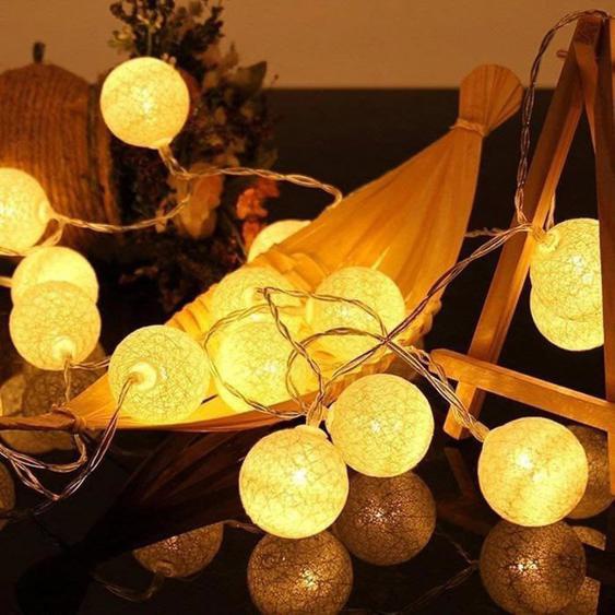 Guirlande lumineuse,à piles,3,8 m,avec 20 LED,boules en coton,pour chambre denfant,Noël,fête,jardin,terrasse(blanc)