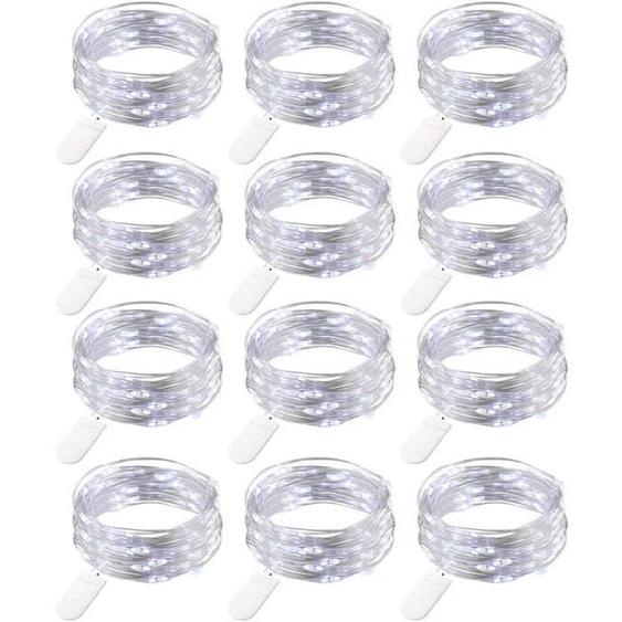 12 Pièces Guirlande Lumineuse à Piles - HYKJside - Blanc Froid - 2 Mètres - Fil de Cuivre - Mini Guirlande LED Batterie Décoration