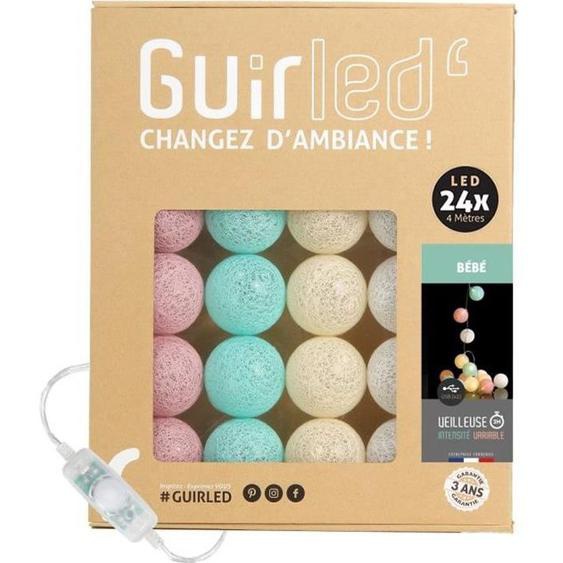 Guirlande lumineuse boules coton LED USB - Veilleuse bébé 2h - 3 intensités - 24 boules 2,4m - Bébé