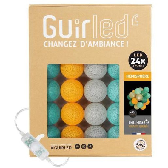 Guirlande lumineuse boules coton LED USB - Veilleuse bébé 2h - 3 intensités - 24 boules 2,4m - Hémisphère