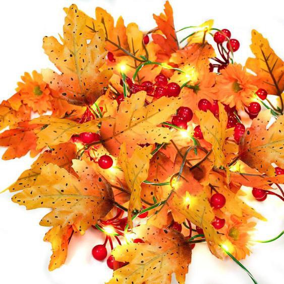 Guirlande lumineuse en feuille dérable de 2 m avec 20 LED 26 feuilles 7 fleurs 6 touffes de fruits Décoration dautomne pour