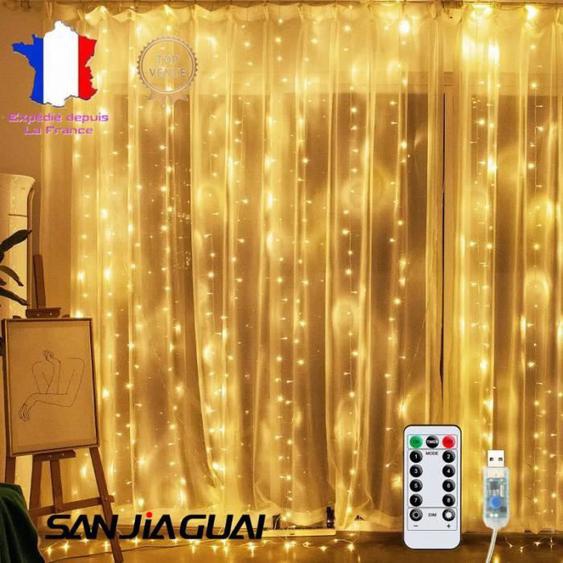 GUIRLANDE LUMINEUSE INTERIEURE Guirlande Lumineuse-Rideau Lumineux USB 300 LED - 3m*3m - 8 Modes dEclairage