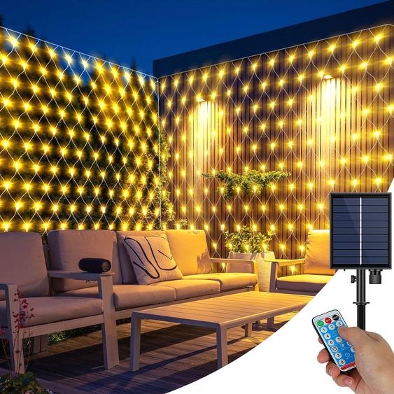 Guirlande lumineuse solaire Extérieur Led Filet lumineux, 1.5x1.5M Rideau lumineux étanche Filet lumineux Pour fête Jardin Buissons Balcon Décoration, Blanc chaud