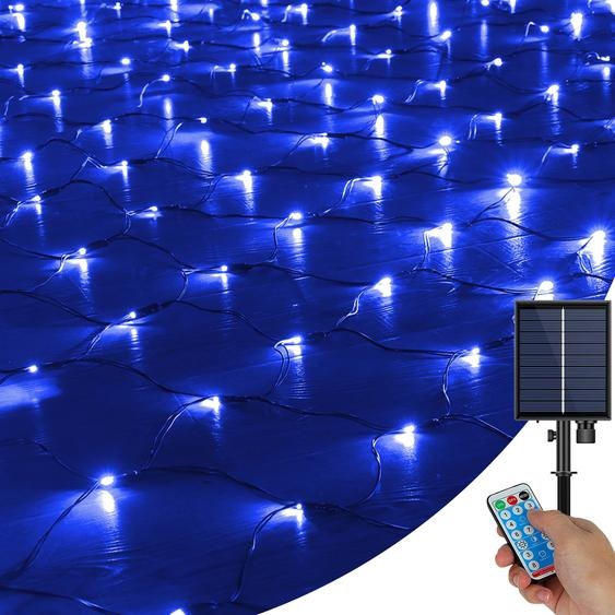 Guirlande lumineuse solaire Filet de lumière Avec télécommande Timer Noël Party Jardin Intérieur Extérieur Décoration, Taille : 3M x 2M, Couleur : Bleu