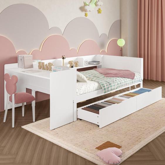 Gutent - Lit en bois 90x200 cm avec bureau et 2 tiroirs, lit simple (sans matelas), pin + panneau de particules - Blanc