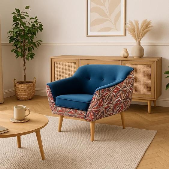 GUTTO fauteuil bleu avec motif graphique MUSTI Fauteuil TV inclinable en velours BLEU Motif graphique Fauteuil rembourré scandinave Pieds en bois Pieds hauts