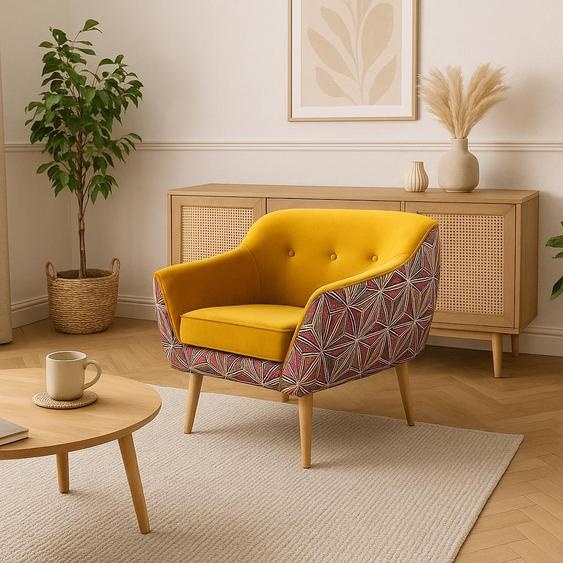 GUTTO Fauteuil jaune avec motif graphique MUSTI Fauteuil TV inclinable en velours jaune avec motif graphique Fauteuil tapissé scandinave Pieds en bois Pieds hauts