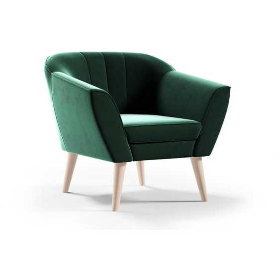 GUTTO LINE Fauteuil Fauteuil tapissé Velours vert Fauteuil TV Fauteuil relax Fauteuil scandinave Pieds en bois Pieds hauts Matelassage