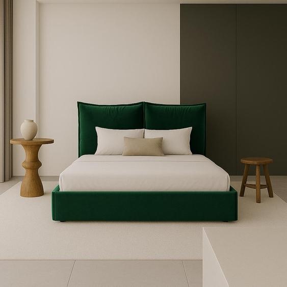 GUTTO Lit capitonné GREEN Lit double avec fermeture éclair Oreillers amovibles Surface de couchage 140 velours doux Tête de lit agréable et confortable