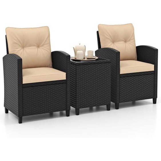 GYMAX Ensemble de Salons de Jardin pour 2 Personnes Chaises en Rotin PETable Basse en VerreCoussins Lavables pour Balcon (Kaki)