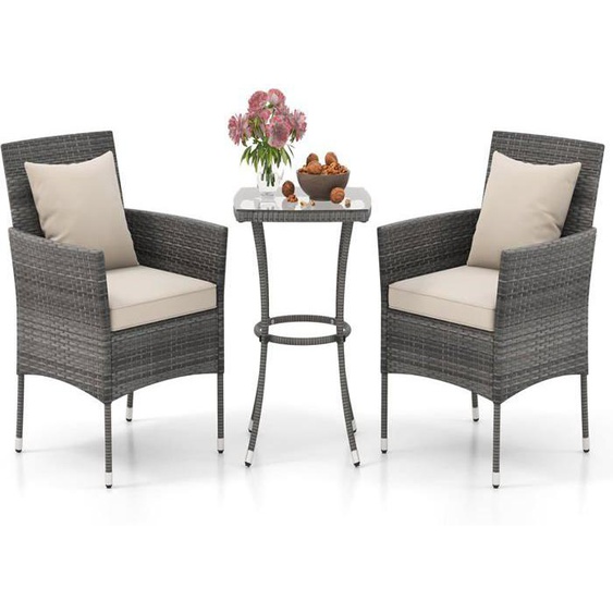 GYMAX Salon de Jardin Extérieur 2 Personnes en Rotin2 Chaise Table Basse en Verre Cadre en Métal pour Balcon Terrasse (Blanc)