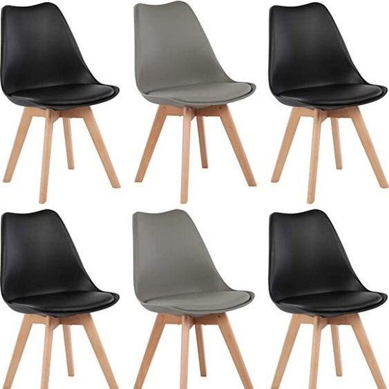 H.J WeDoo 6 chaises de salle à manger, Chaise de cuisine, Chaise rembourrée, Similicuir rembourré, Pied en hêtre massif, Résistant à leau, Facile dentretien, Facile à monter, 130kg de charge, 4 Noir + 2 Gris